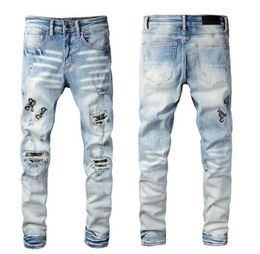 Diseñador para hombre Amirs Jeans Denim Pantalones bordados Moda Agujeros Pantalón Hip Hop Pantalones desgastados con cremallera para hombre yh21