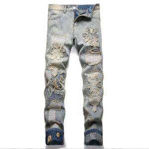 Designer pour hommes jeans pantalons denim denim denim High Street lavé usé coloré de tournesol chaud tube droit polyvale