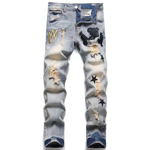 Pantalones vaqueros de diseñador para hombre, pantalones vaqueros rasgados de mezclilla, pantalones para hombre, pantalones vaqueros morados de calidad, pantalón de mezclilla fresco para motocicleta