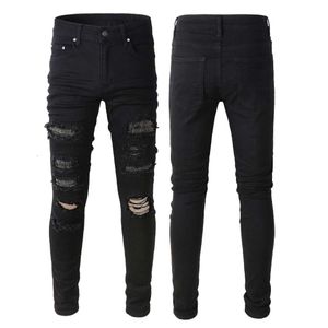 Designer herenjeans Distressed heren patch elastische pasvorm slanke High Street Rock Revival jeans zwart gat broek voor dames