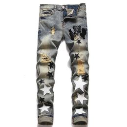 Diseñador para hombres jeans europeos jean hombre letra estrella hombres bordado de bordado rasgado para la marca de tendencias motocicleta pantalón U131