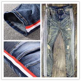 Дизайнерские мужские джинсы Модные полосатые брюки в классическом стиле Skinny Fit Мотоциклетные байкерские джинсовые мужские дизайнерские брюки Высочайшее качество в стиле хип-хоп So2025
