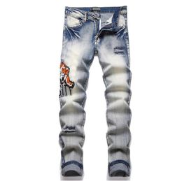 Designer Mens Jeans High Street Hole Patch Hommes Femmes Tiger Broderie Panneau Pantalon Stretch Slim Pantalon Pantalon