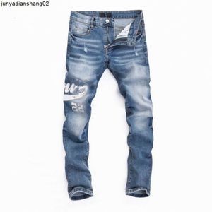 Designer Mens Jeans High Street Purple pour hommes Pantalons de broderie Femmes Oversize Ripped Patch Hole Denim Droite Mode Streetwear Slim Bleu