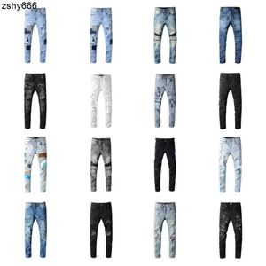 Designer Mens Jeans Hip-Hop Fashion zipper gat wassen jean broek retro gescheurde vouw stiksel mannen ontwerpen motorfiets rijden koele slanke broek paarse jeans voor man vrouwen