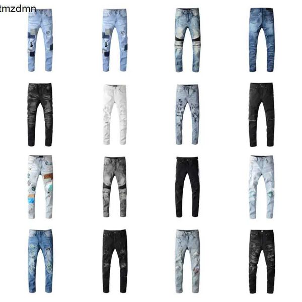 Designer Mens Jeans Hip-Hop Fashion Zipper Hole Wash Pantalon Retro Torn Torn Coux de coutures Men de conception de moto Ride Riding Cool Slim Pant Purple Jeans pour l'homme