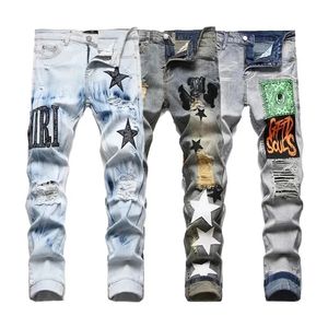 Designer Mens Jeans Pantalons Ripped High Street Marque Pantalones Vaqueros Para Hombre Moto Broderie Tendance Long Hip Hop avec Trou Bleu Hommes Vêtements