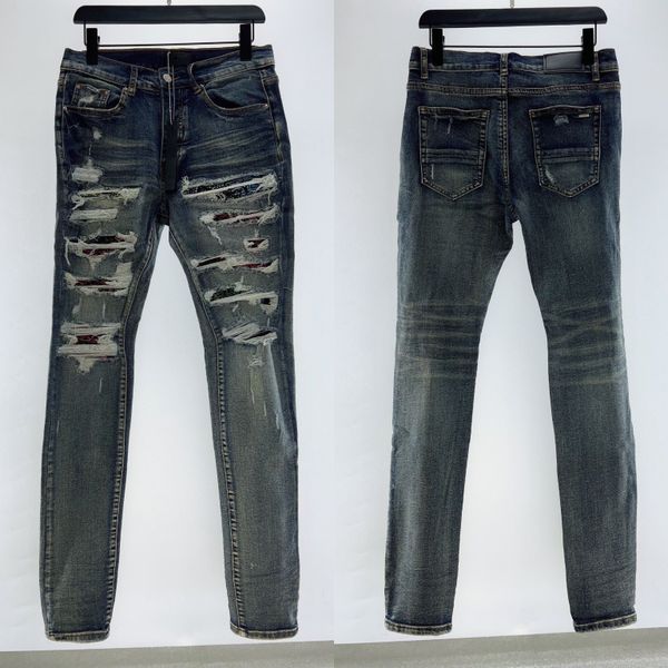 Pantalones de jeans para hombre diseñador Patches de moda de la marca High Street Detalle Biker Fit Men Slim Motorcycle para jean de mezclilla angustiada vintage