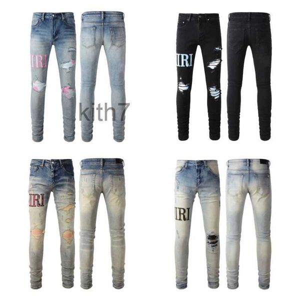 Diseñador Jeans para hombre Púrpura Tendencias de moda Distressed Ripped Biker Pantalones de motocicleta Pantalones para hombre para mujer Panel de bordado de estrella Pantalones Stretch Slim-Fit K4TW