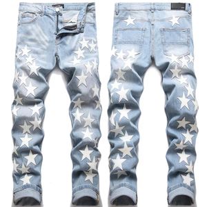 Designer Mens Jeans Jeans Purple Jeans High Street Hole Star Patch Men's Broidy Pannel Pantalon Stretch Slim-Fit Pantalons 002