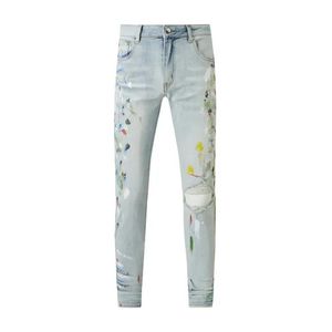 Designer Mens Jeans Purple Jeans High Street Hole Star Patch Men's Dames Am Star Borduurwerk Denim jeans stretch slanke broek True Jeans 31668