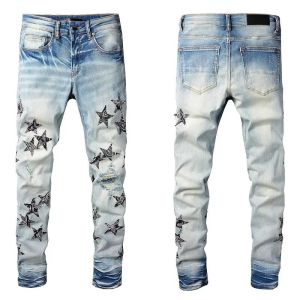 Diseñador para hombre Jeans para hombre High Street Jeans morados para hombre Pantalones bordados para mujer Oversize Ripped Patch Hole Denim Straight Streetwear delgado