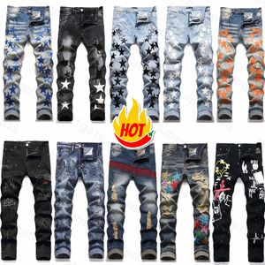 Diseñador para hombre Jeans morados High Street Hole Star Patch Hombres Mujeres Amirs Star Panel de bordado Estiramiento Slim-Fit Pantalones Pantalones de calidad superior