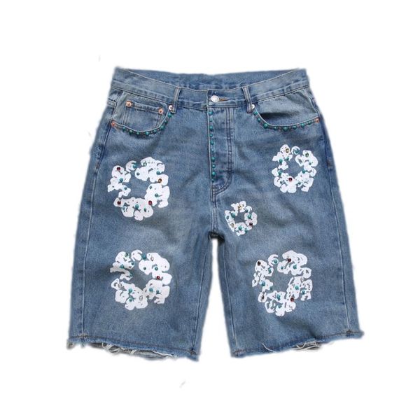 Designer Hommes Shorts Perles de fleurs Shortpants Slim Mens Hip Hop Light Blue Denim Shorts Haute Qualité Jeans Droit Bouton Fly Jeans Short Wreath Light Wash