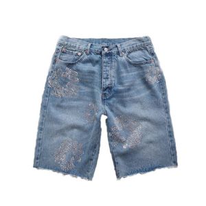 Designer Mens Shorts Jeans Fleur Fleur Couronne imprimée Jeans Diamond Denim Shortpants Slim Streewear Button Fly S Black Light Wash Blue Jeans 582