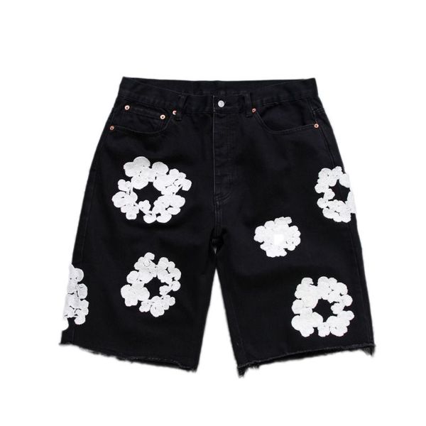 Designer Mens Shorts Jeans Fleur Imprimé WREATH Jeans Diamond Denim Shortpants Slim Streetwear Button Fly S Noir Light Wash Bleu Hip Hop Button Fly Jeans