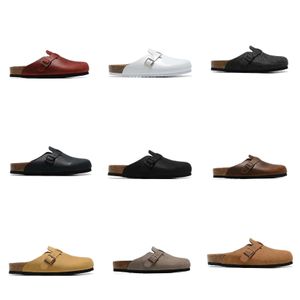 Diapositivas de diseñador Sandalias de cuero genuino Zapatillas Boston Zuecos Flip Flop Cabeza Tirar Zapatilla de corcho Mujer Hombre Verano Sandalias antideslizantes Zapatos Amantes Zapatos de playa