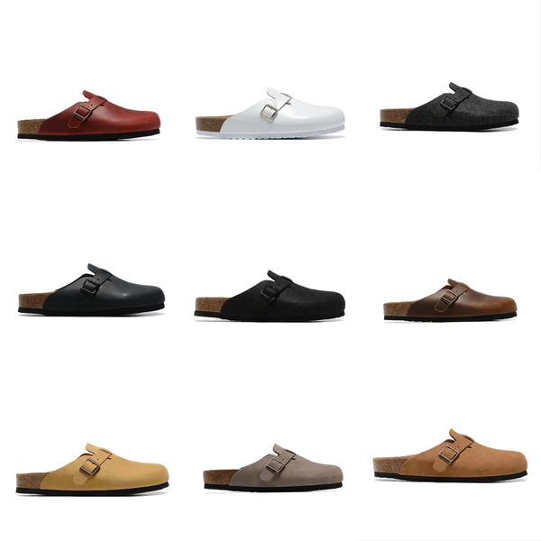 Diapositivas de diseñador Sandalias de cuero genuino Zapatillas Boston Zuecos Flip Flop Cabeza Tirar Zapatilla de corcho Mujer Hombre Verano Sandalias antideslizantes Zapatos Amantes Zapatos de playa