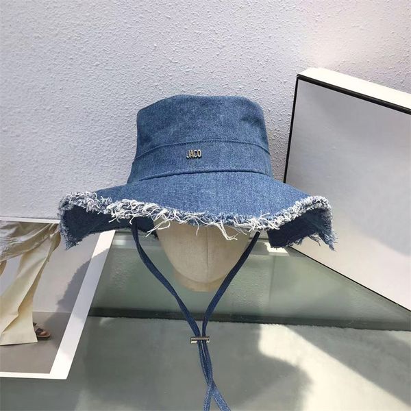 Chapeau de godet de concepteur pour hommes et femmes, chapeau à large bord, chapeau anti-soleil en denim avec mentonnière réglable pour la protection solaire, chapeau de seau de rue