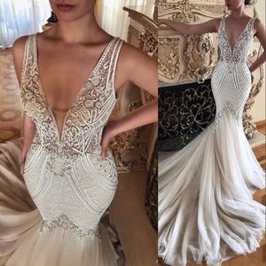 Designer Mermaid 2023 Trouwjurken BRIDAL GADEN PARSLES KRISTALEN kralen V Nek Tule Lace Applique Ruches Custom Made Vestidos de Novia Plus Size Estidos