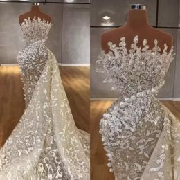 Designer Zeemeermin Trouwjurken Bruidsjurk Luxe Kant Appliqués Kralen Parels Sweep Trein Organza Designer Illusie Op maat Grote maten vestido de novia