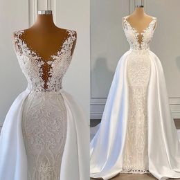 Designer sirène robes de mariée robe de mariée dentelle appliques perlées avec jupe sur mesure balayage train robes de novia plus taille