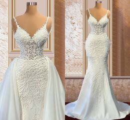 Designer Mermaid Wedding Jurken Bruienjurk met afneembare trein kanten applique kralen spaghetti strpas op maat gemaakte vestidos de novia plus size