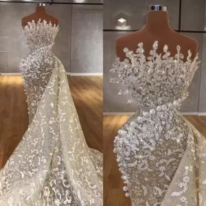 Diseñador Sirena Vestidos de novia Vestido de novia Apliques de encaje de lujo Perlas con cuentas Tren de barrido Organza Diseñador Ilusión Por encargo Tallas grandes vestido de novia