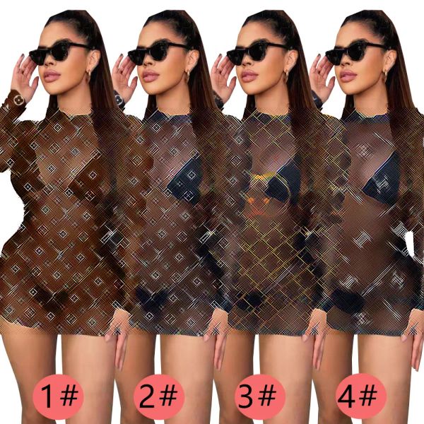 Diseñador Mesh Vestidos transparentes Mujeres Sexy Crew Teck Short Mini Dress Clubwear