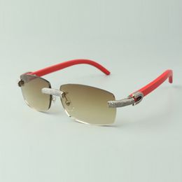 Designer Micro-verharde Diamond zonnebril 3524026 met rode houten poten glazen, directe verkoop, grootte: 56-18-135mm