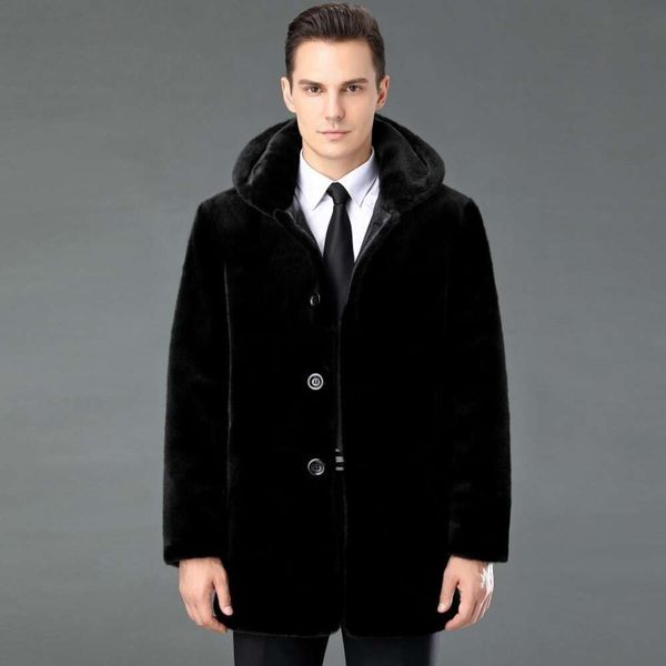 Designer Vison Fourrure Herbe Peau Manteau Hommes Mi Longueur Léopard Hiver À Capuchon 82MV