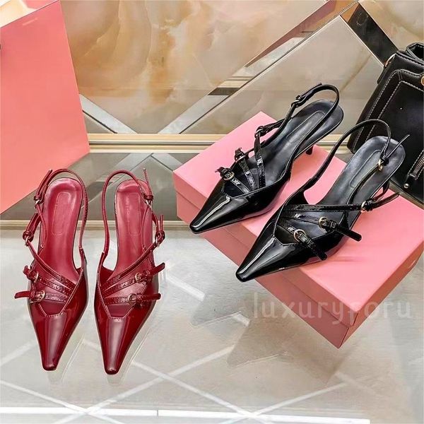 Designer Miui Robe à talons hauts Chaussures Femmes Printemps Sexy Sandales en cuir véritable Mode Vintage Talon mince Bouts pointus 5cm Femmes Sandal Party Runway Shoe Taille 35-40