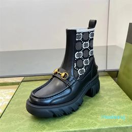 Diseñador - Botines de piel de becerro mixta Tacón de bloque Botines sin cordones con punta redonda Botas planas estilo calcetín de punto Mujer Diseñador de lujo Zapatos de plataforma 6 CM