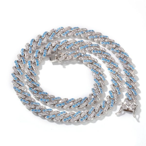 Diseñador Moissanite Collar de diamantes para hombre Cadena cubana Lujo 8 mm Miami Link Iced Out Blue Zircon Cadenas de oro blanco Moda Hip Hop Joyería Regalo completo Tki7