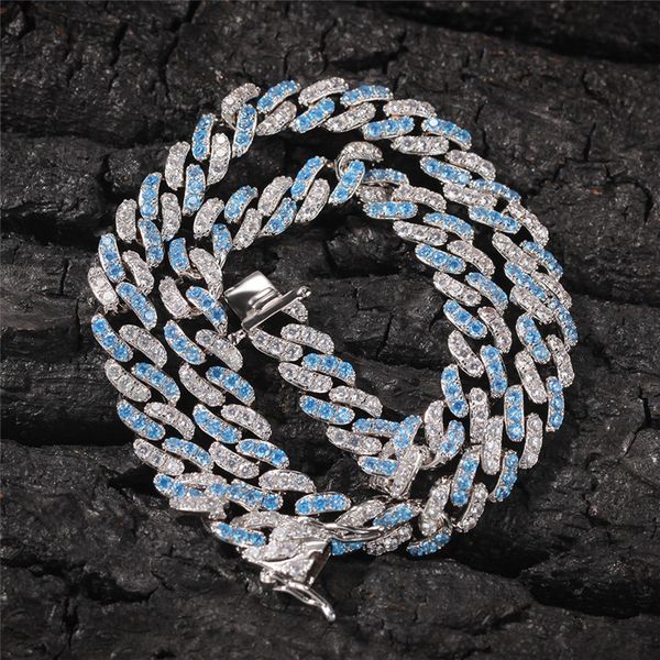 Diseñador Moissanite Collar de diamantes para hombre Cadena cubana Lujo 8 mm Miami Link Iced Out Blue Zircon Cadenas de oro blanco Moda Hip Hop Joyería Regalo completo 36wc