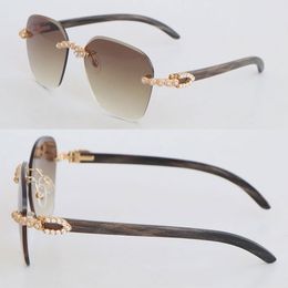 Diseñador Moissanite Diamond Set Sin montura Gafas de sol Mujer Mármol Negro Cuerno de búfalo Gafas de sol Hombres Marcos Lujo Único Formas de gran tamaño Gafas de sol Tamaño cuadrado 61