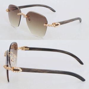 Designer Moissanite Diamond Set Lunettes de soleil sans monture Femme Marbré Noir Corne de buffle Lunettes de soleil Hommes Cadres de luxe Unique Formes surdimensionnées Lunettes de soleil Taille carrée 61