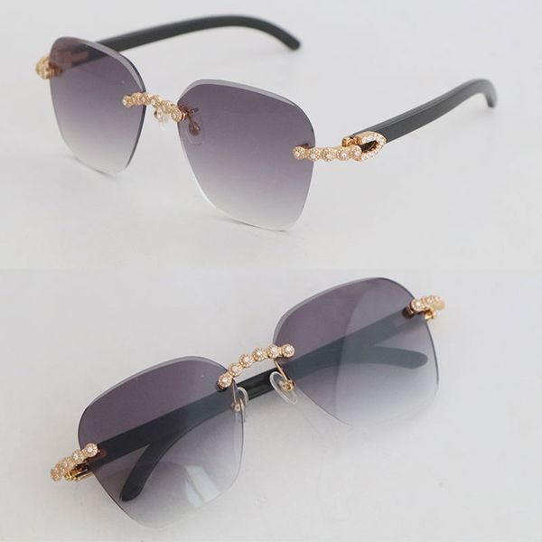 Diseñador Moissanite Diamond Set Sin montura Gafas de sol Mujer Cuerno de búfalo negro Gafas de sol Hombres Marcos Gafas de sol de lujo Tamaño cuadrado Lente Ancho 60-18-140MM Altura de la lente 54