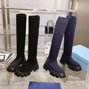 Designer Monolith sur les bottes au genou mode chaussette botte plate-forme noire talon à enfiler chaud tricoté élastique hiver chaussons Triangle taille 35-40