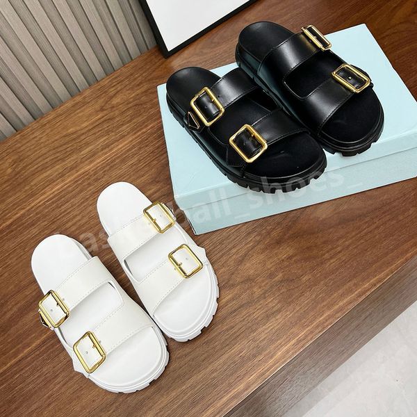 Diseñador Monolith Sandalias de mujer Goma Blanco Plataforma negra Sandalia de cuero Zapatillas de pan Chanclas de verano Recorte Hebilla Zapatos de playa