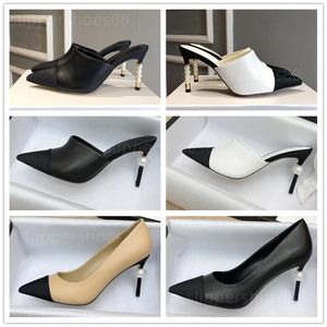 mules de designer femmes talons pompe chaussures talons perles sans lacet escarpins mule à talons hauts en cuir véritable bout pointu slingback talons beige noir blanc soirée robe de soirée de mariage chaussure