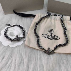 Designer Neckalce Viviannes Westwoods Nieuwe originele Black Pearl Saturn ketting Bracelet Set Live Broadcast Hot Sale