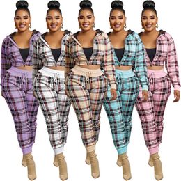 Designer Nouveau 2023 Femmes Survêtements Plaid Zipper Manteau À Capuche Pantalon Mode Casual Sports Deux Pièces Ensemble 5 Couleurs