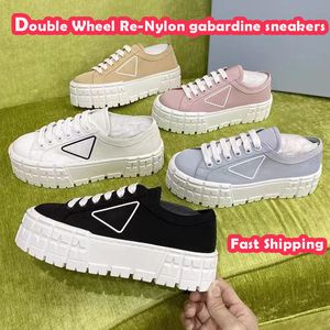 Ontwerper NIEUWE 2024 10A Hoge kwaliteit Designer Double Wheel Reylon Gabardine Sneakers Platform Canvas Sneakers Gabardine Triangle Patroon Dikke Soled Trainers