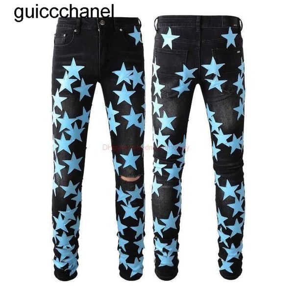 Designer Nouveau 23SS Vêtements Amirs Jeans Denim Pantalons Marque De Mode Blue Hole Star Patch Élastique Slim Pantalon Noir Hommes En Détresse Ripped jeans pantalons