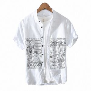 Designer nouveau style chinois cott chemise en lin hommes à manches courtes chemises imprimées blanches pour hommes vêtements pour hommes respirants hauts C3pM #