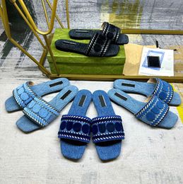 Ontwerper Nieuwe platte sandalen denim strandrubber geborduurd canvas zomer en herfst muilezel buiten luxe huis slippers dames strand visgraat slippers ins 35-41