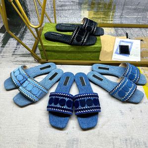 Ontwerper Nieuwe platte sandalen denim rubber geborduurd canvas zomer en herfst muilezel buitenhuis dames strand visgraat slippers ins 35-41