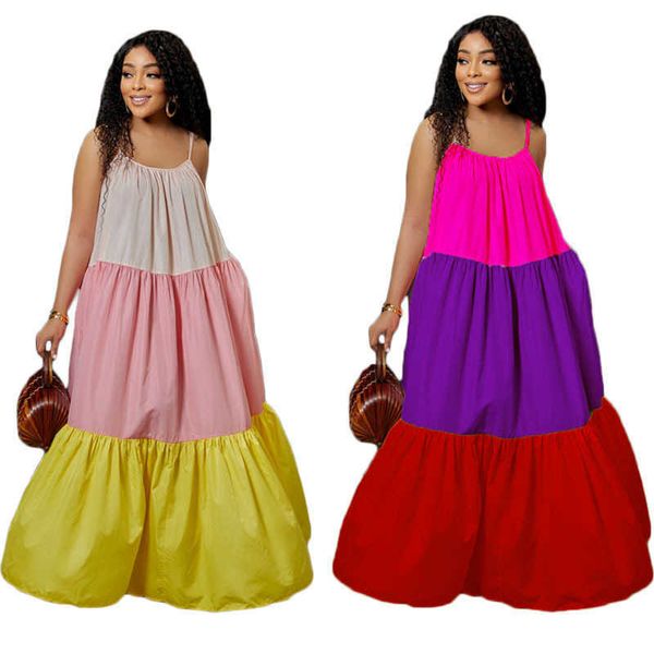 Diseñador nuevas mujeres moda casual maxi vestidos verano nueva ropa de mujer empalme sin mangas contraste color vestido largo swing