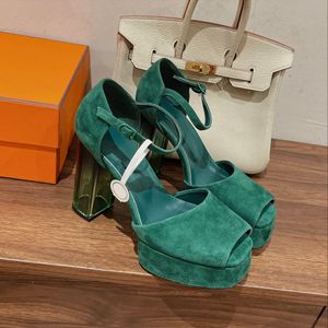 Diseñador de nuevas mujeres tacones altos punta abierta tacón grueso sandalias de verano moda de cuero de gran tamaño clásico verde negro sexy ropa formal elegante temperamento zapatos de oficina